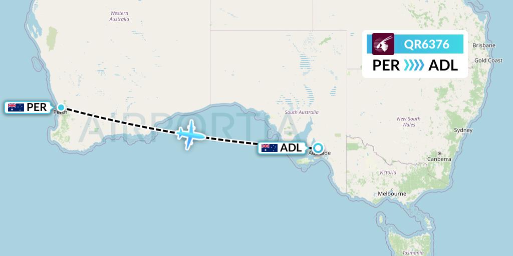 QR6376 Qatar Airways Flight Map: Perth to Adelaide