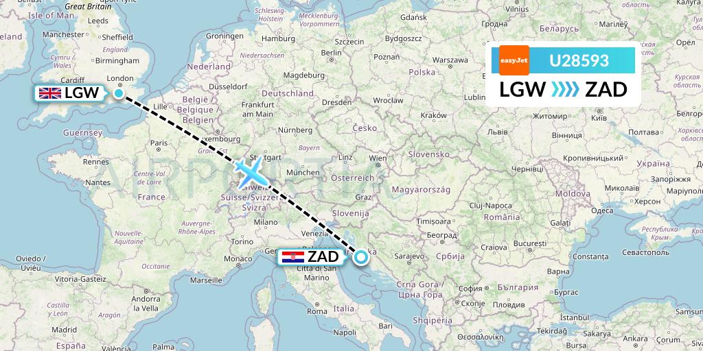 U28593 EasyJet Flight Map: London to Zadar