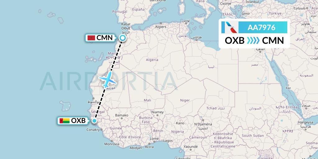 AA7976 American Airlines Flight Map: Bissau to Casablanca
