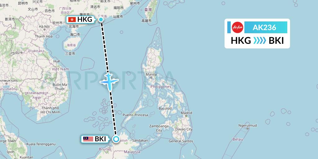 AK236 AirAsia Flight Map: Hong Kong to Kota Kinabalu