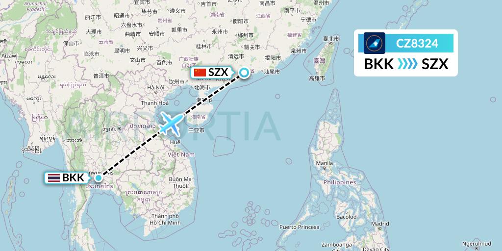 CZ8324 China Southern Airlines Flight Map: Bangkok to Shenzhen