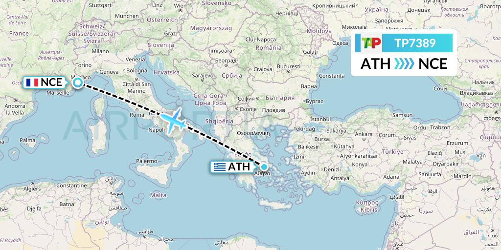 TP7389 TAP Portugal Flight Map: Athens to Nice