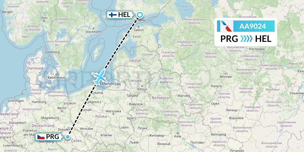 AA9024 American Airlines Flight Map: Prague to Helsinki