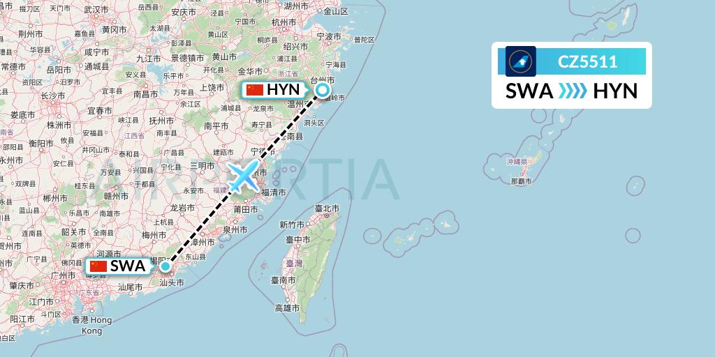 CZ5511 China Southern Airlines Flight Map: Jieyang to Huangyan
