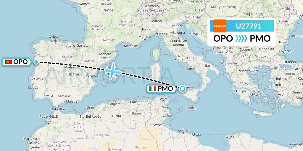 U27791 EasyJet Flight Map: Porto to Palermo