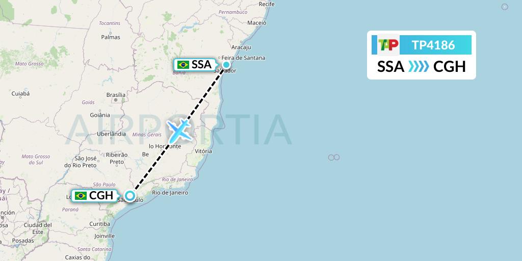 TP4186 TAP Portugal Flight Map: Salvador to Sao Paulo