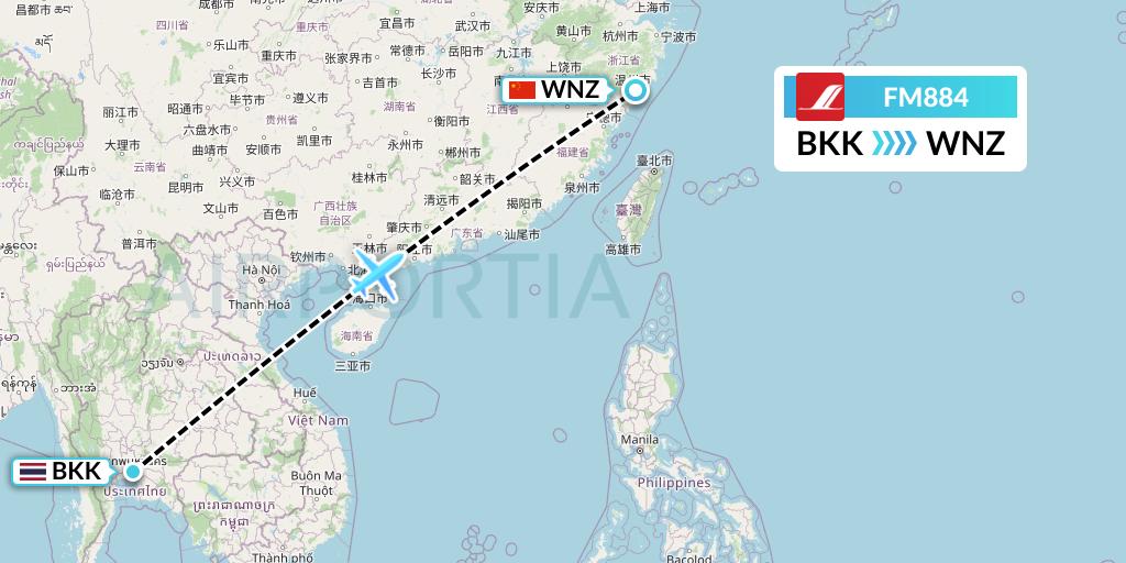 FM884 Shanghai Airlines Flight Map: Bangkok to Wenzhou