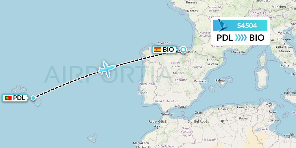 S4504 Azores Airlines Flight Map: Ponta Delgada to Bilbao