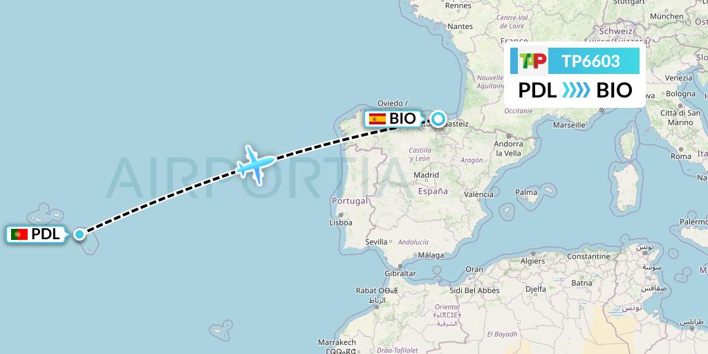 TP6603 TAP Portugal Flight Map: Ponta Delgada to Bilbao