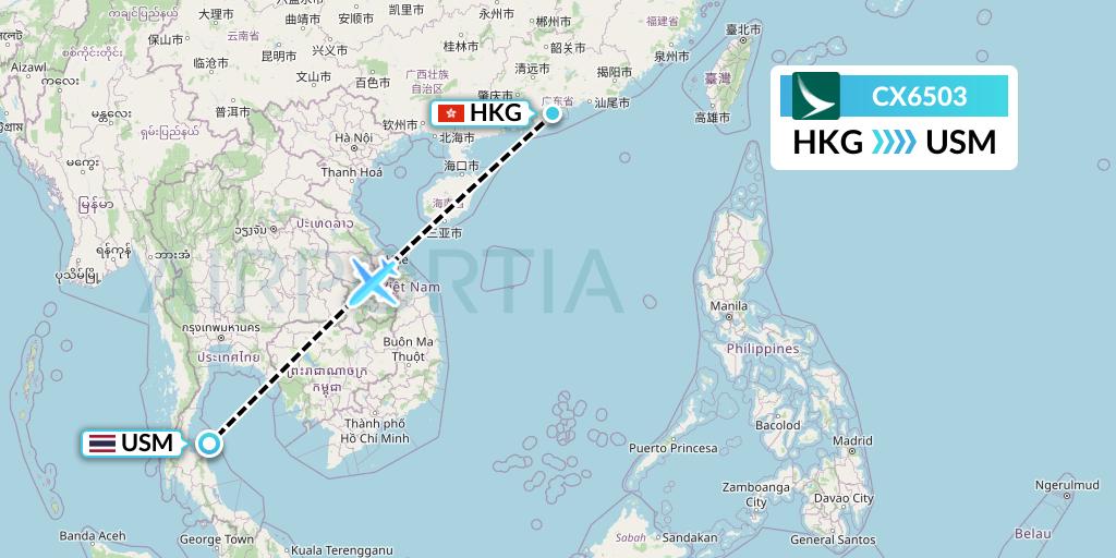 CX6503 Cathay Pacific Flight Map: Hong Kong to Koh Samui