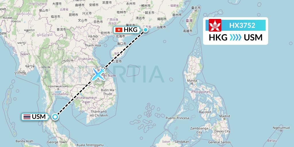 HX3752 Hong Kong Airlines Flight Map: Hong Kong to Koh Samui