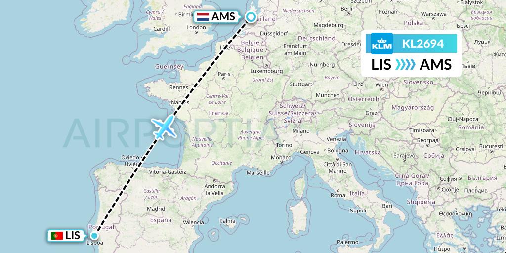 KL2694 KLM Flight Map: Lisbon to Amsterdam