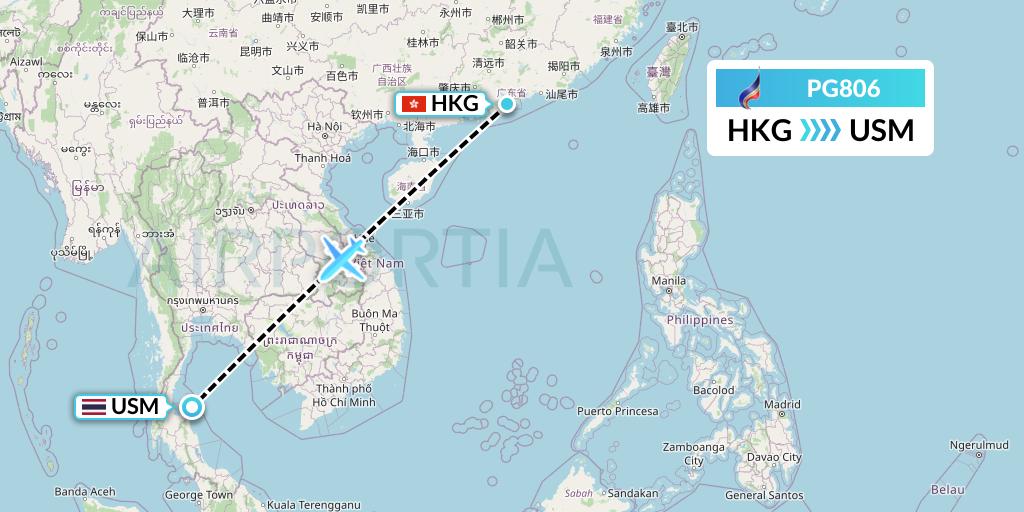 PG806 Bangkok Airways Flight Map: Hong Kong to Koh Samui