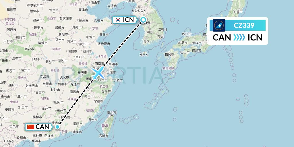 CZ339 China Southern Airlines Flight Map: Guangzhou to Seoul