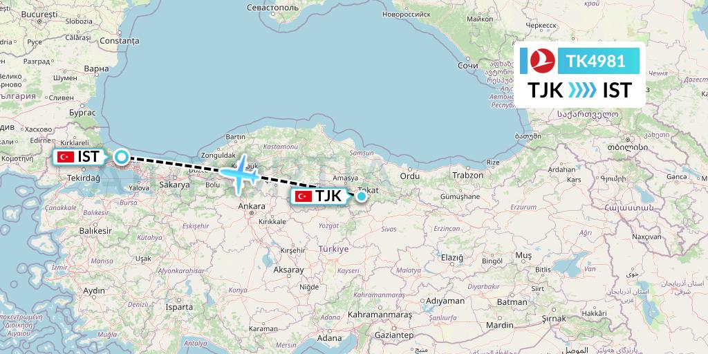 TK4981 Turkish Airlines Flight Map: Tokat to Istanbul