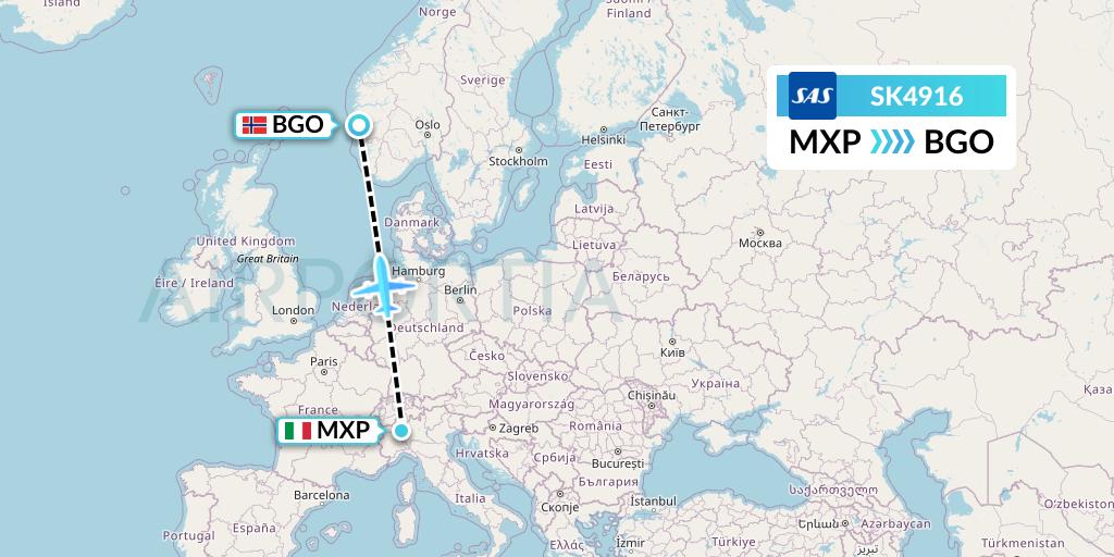 SK4916 SAS Flight Map: Milan to Bergen