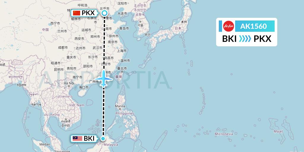 AK1560 AirAsia Flight Map: Kota Kinabalu to Beijing