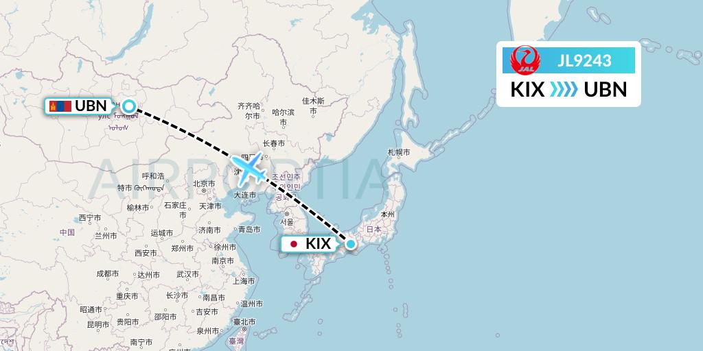 JL9243 Japan Airlines Flight Map: Osaka to Ulan Bator