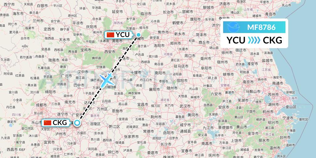 MF8786 Xiamen Airlines Flight Map: Yuncheng to Chongqing