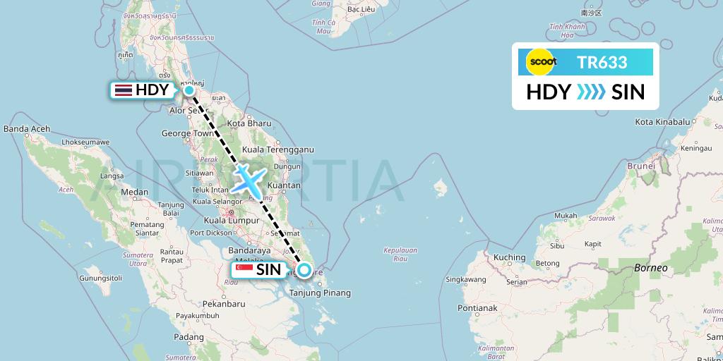 TR633 Tigerair Flight Map: Hat Yai to Singapore
