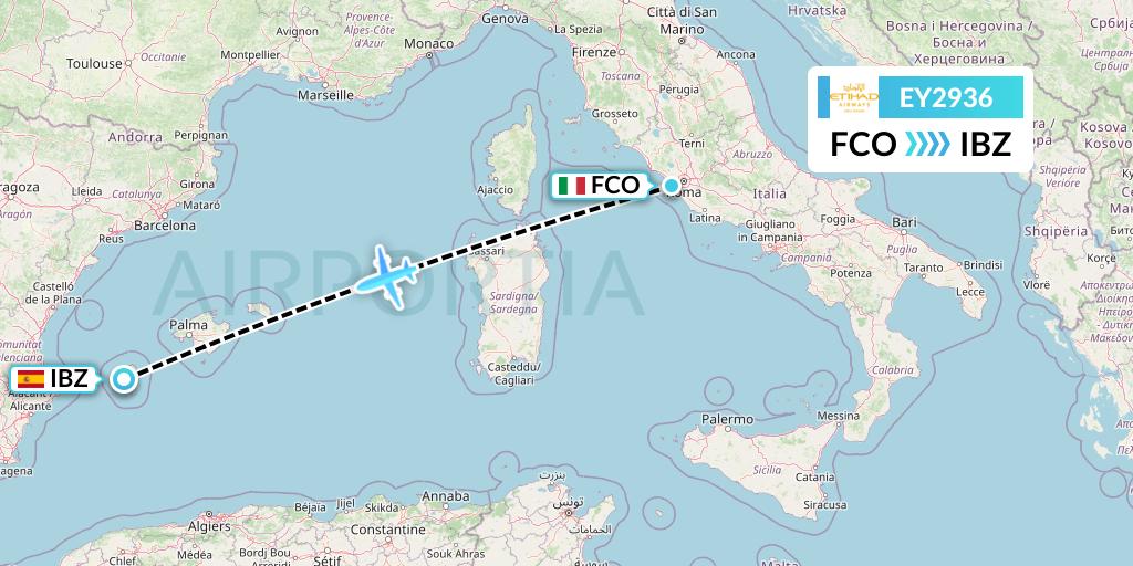 EY2936 Etihad Airways Flight Map: Rome to Ibiza