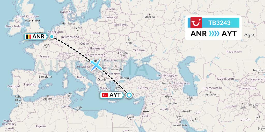 TB3243 TUI fly Belgium Flight Map: Antwerp to Antalya