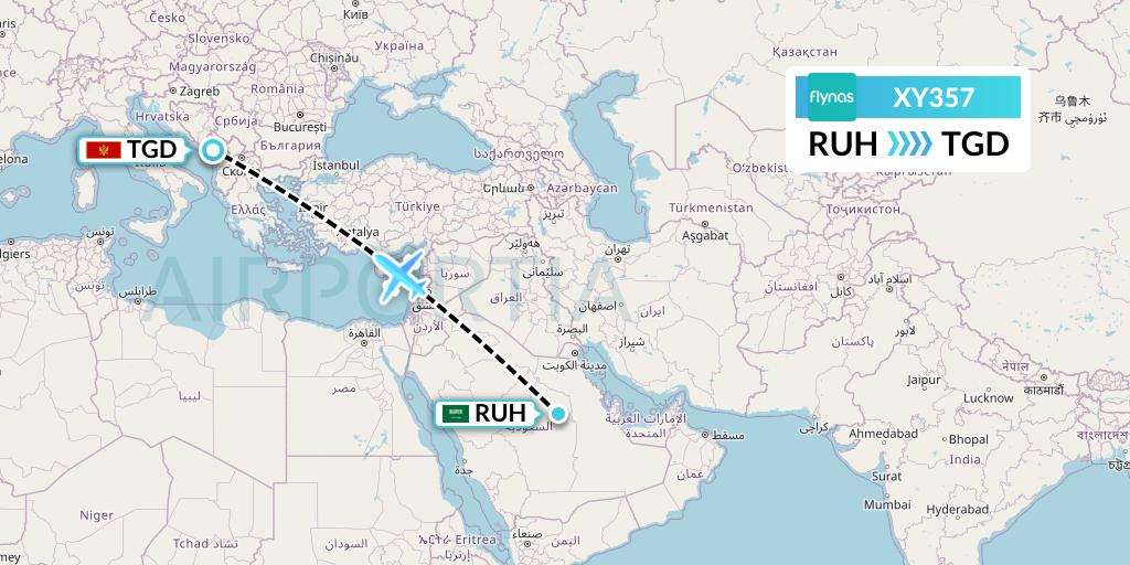 XY357 Flynas Flight Map: Riyadh to Podgorica
