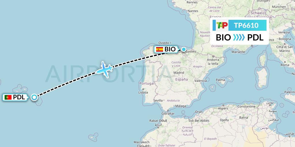 TP6610 TAP Portugal Flight Map: Bilbao to Ponta Delgada