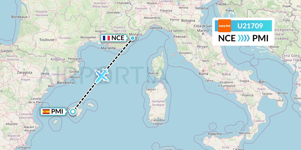 U21709 EasyJet Flight Map: Nice to Palma de Mallorca