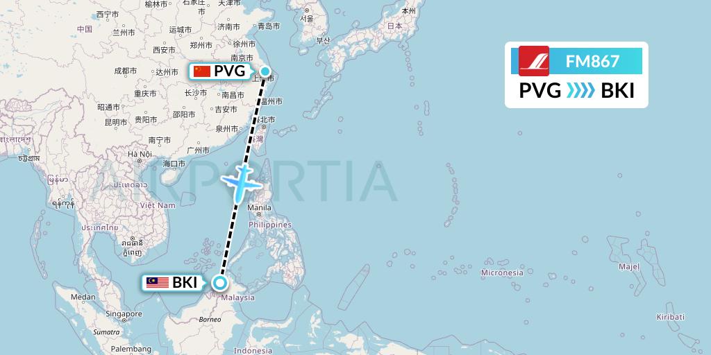 FM867 Shanghai Airlines Flight Map: Shanghai to Kota Kinabalu