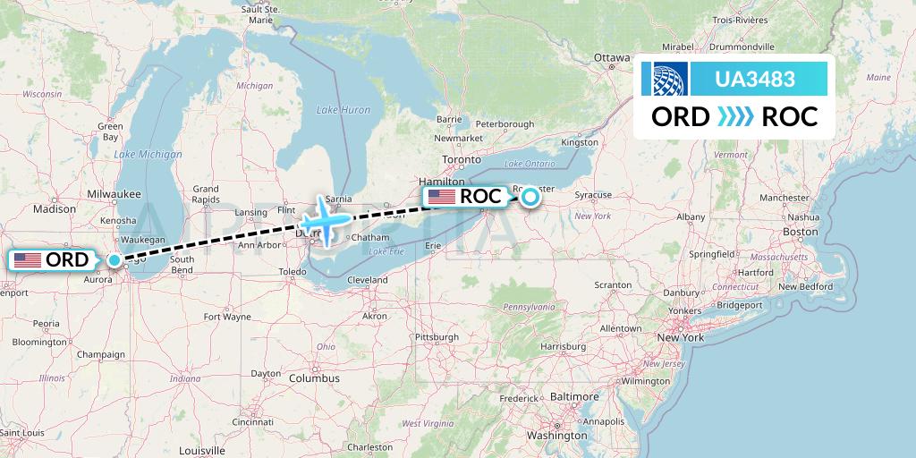 UA3483 United Airlines Flight Map: Chicago to Rochester