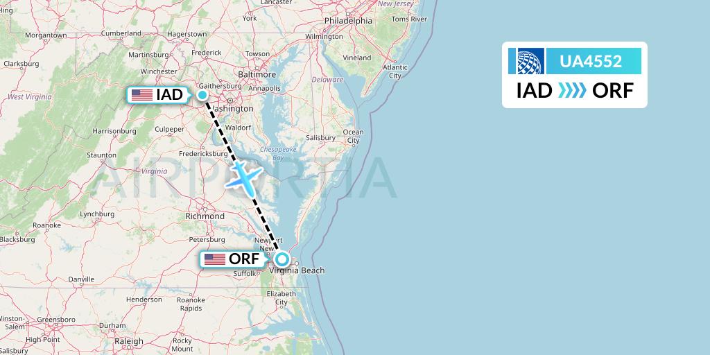 UA4552 United Airlines Flight Map: Washington to Norfolk