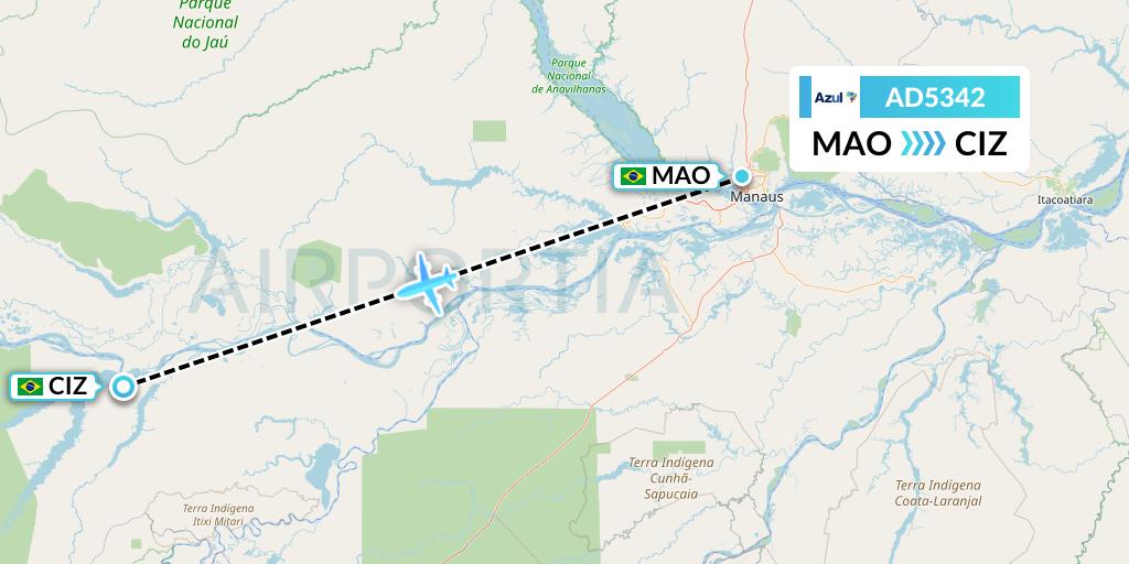 AD5342 Azul Brazilian Airlines Flight Map: Manaus to Coari
