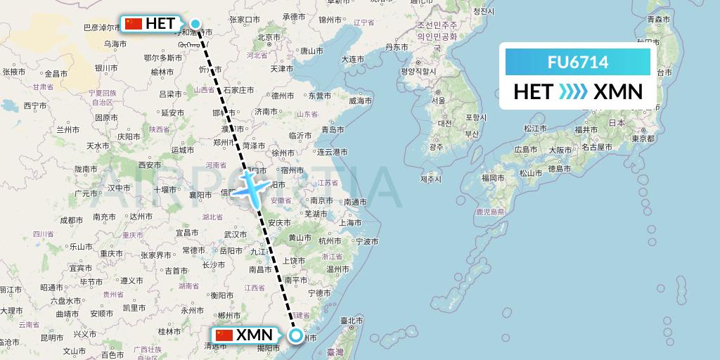 FU6714 Fuzhou Airlines Flight Map: Hohhot to Xiamen