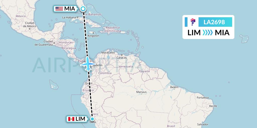 LA2698 LAN Airlines Flight Map: Lima to Miami