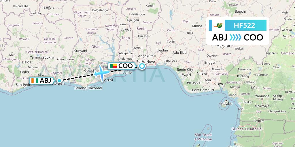 HF522 Air Cote d'Ivoire Flight Map: Abidjan to Cotonou