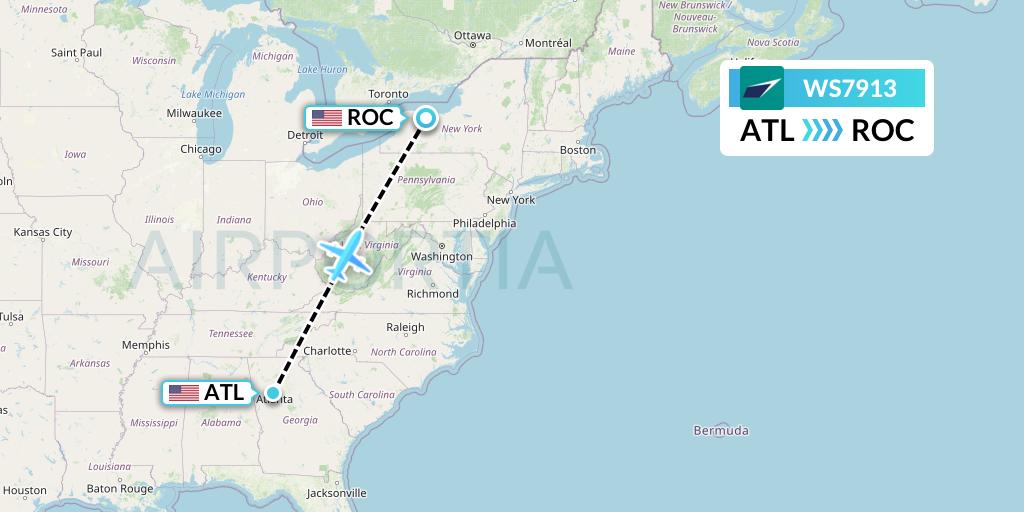 WS7913 WestJet Flight Map: Atlanta to Rochester