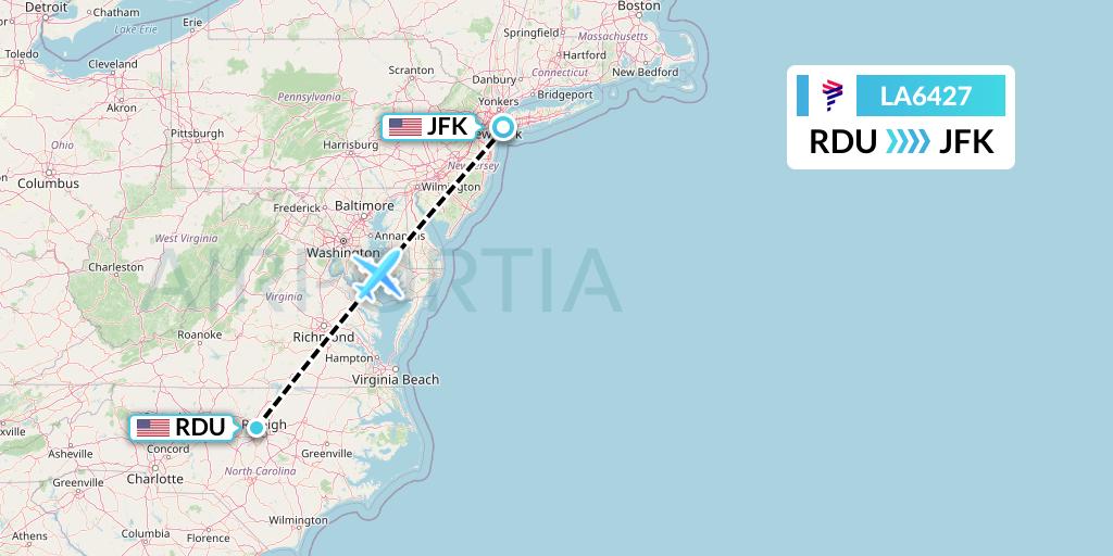 LA6427 LAN Airlines Flight Map: Raleigh-Durham to New York