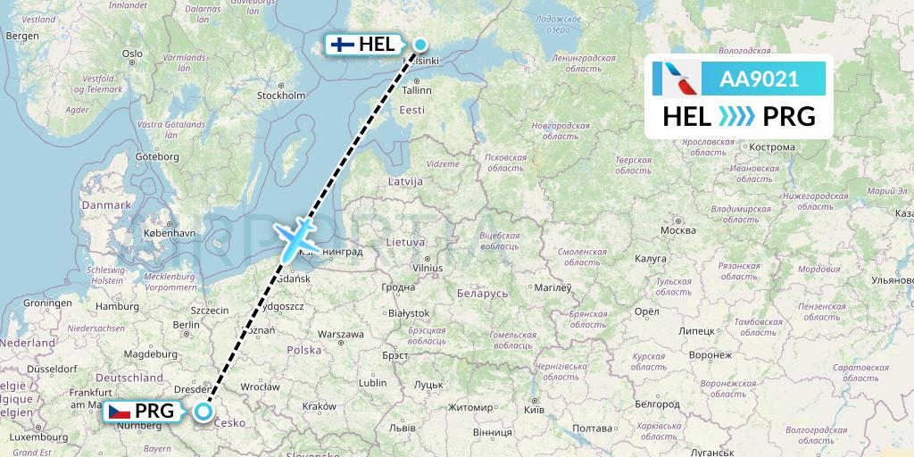 AA9021 American Airlines Flight Map: Helsinki to Prague