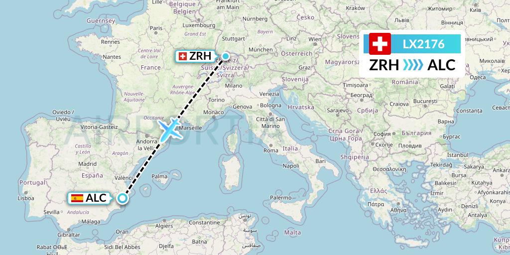 LX2176 Swiss Flight Map: Zurich to Alicante