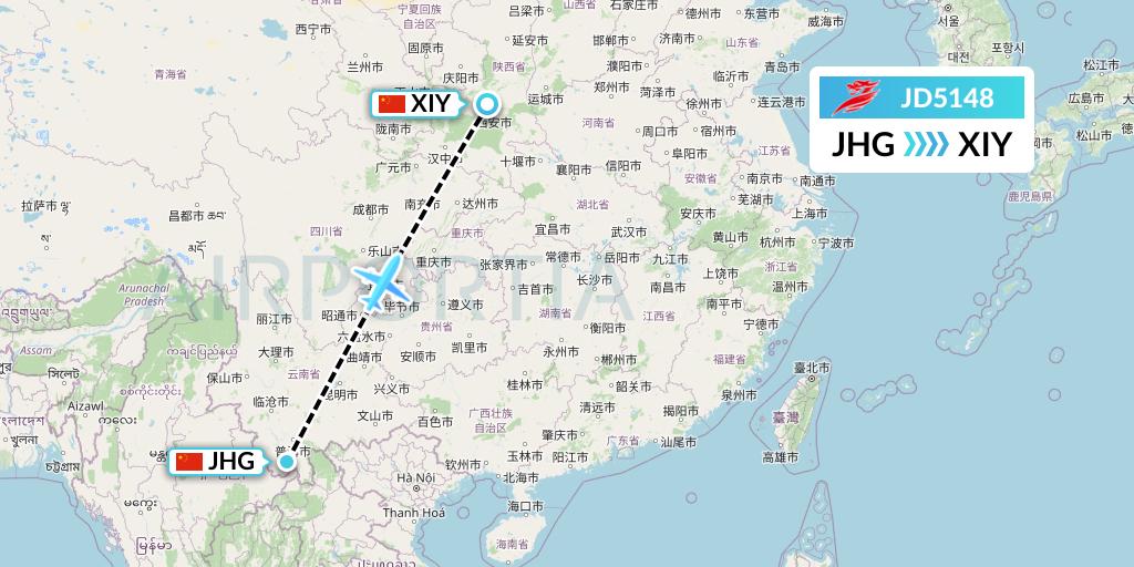 JD5148 Capital Airlines Flight Map: Jinghong to Xi'an