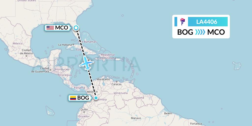 LA4406 LAN Airlines Flight Map: Bogota to Orlando