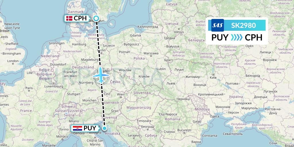 SK2980 SAS Flight Map: Pula to Copenhagen