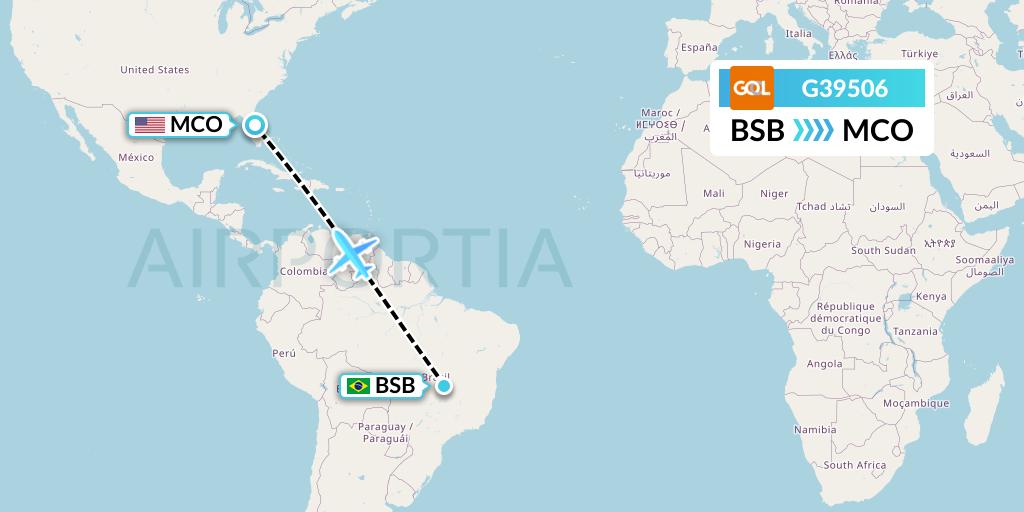 G39506 GOL Transportes Aeros Flight Map: Brasilia to Orlando