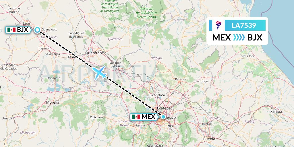 LA7539 LAN Airlines Flight Map: Mexico City to Silao