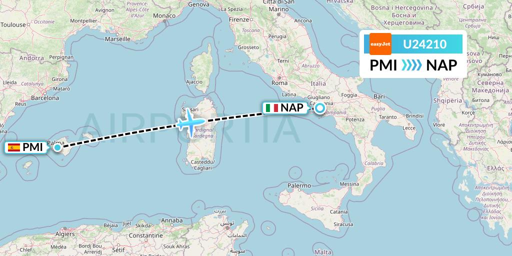 U24210 EasyJet Flight Map: Palma de Mallorca to Naples