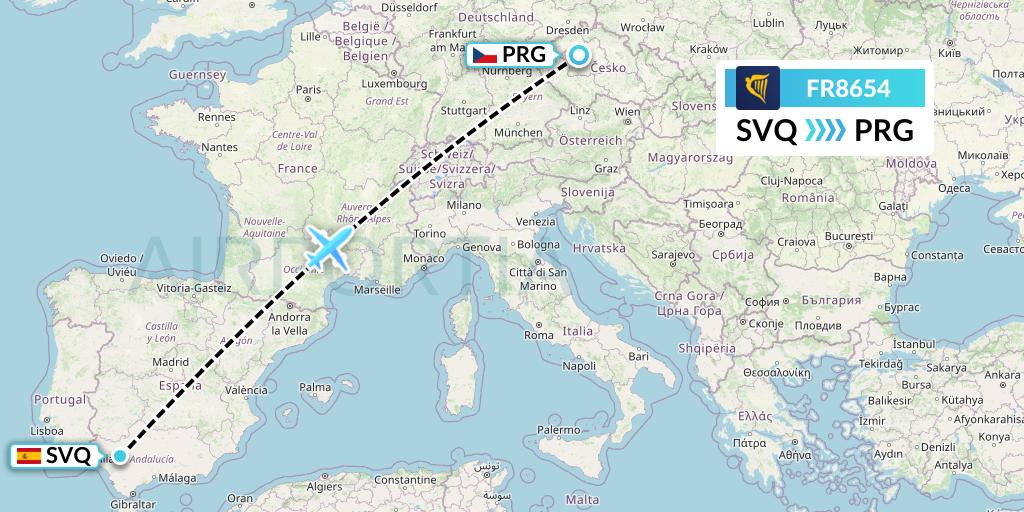 FR8654 Ryanair Flight Map: Seville to Prague
