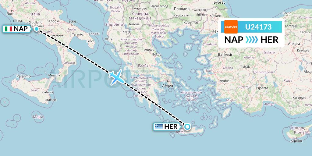 U24173 EasyJet Flight Map: Naples to Heraklion