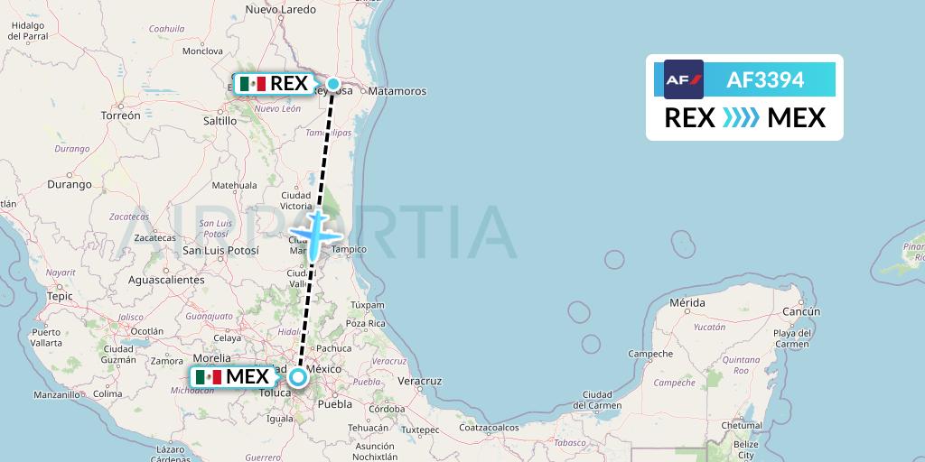 AF3394 Air France Flight Map: Reynosa to Mexico City