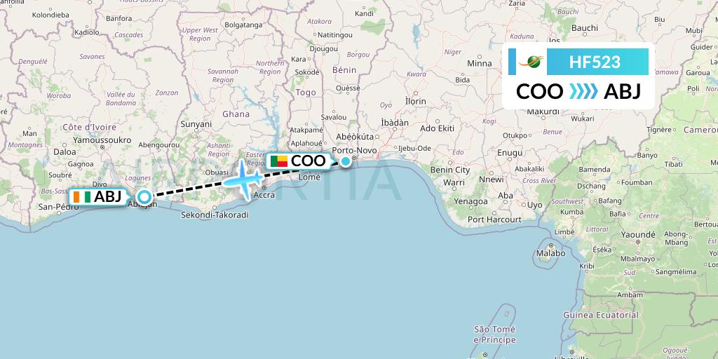 HF523 Air Cote d'Ivoire Flight Map: Cotonou to Abidjan